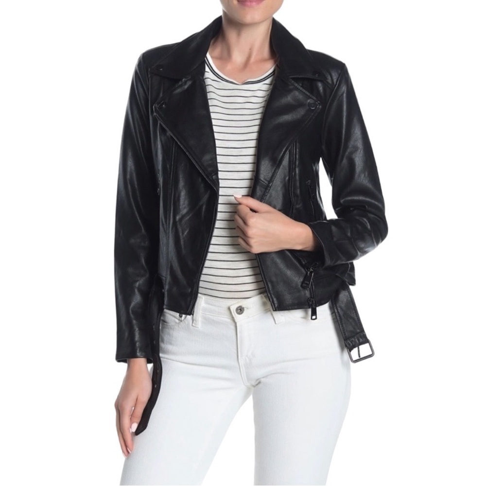 ELODIE FAUX LEATHER PU NOTCH COLLAR BELTED BLACK MOTO JACKET
